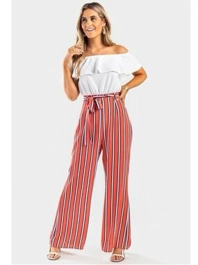 Francesca's Collections Coral & White Striped High-Waist Wide-Leg Jumpsuit